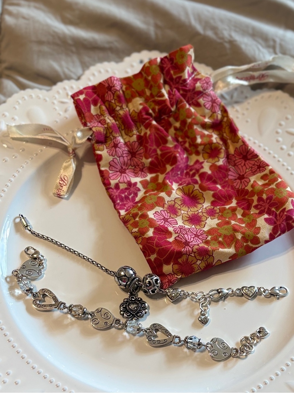 NWOT Brighton Silver Charm Bracelet Set with Floral Pouch